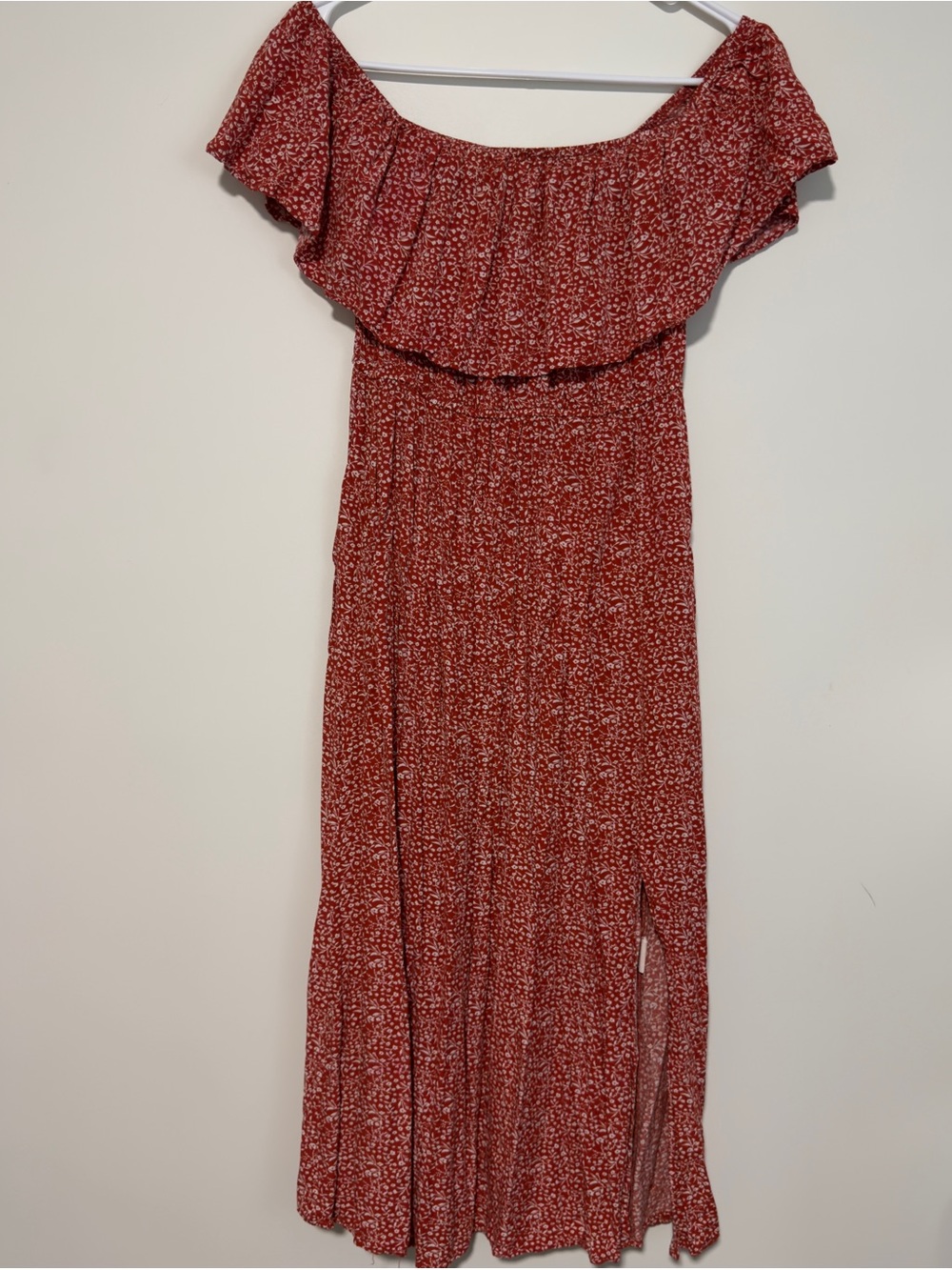 Off-the-Shoulder Red Floral Maxi Dress with Ruffle